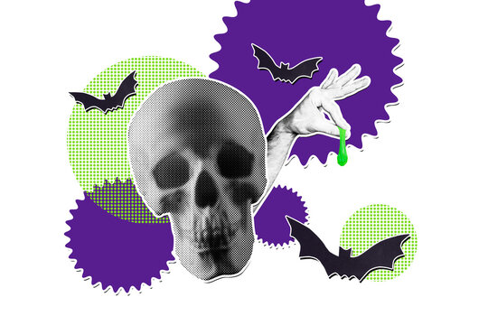 Creative 3d full art image collage of human hand peek skeleton skull green blood drop bat sticker autumn creepy season halloween
