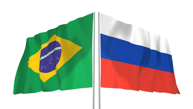 Brazil and Russia flags waving with transparent alpha png background