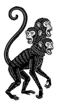 Black and white linocut style illustration of a mythical three-headed monkey creature with a studded collar