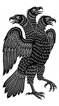 Black and white linocut style illustration of a mythical three-headed eagle creature
