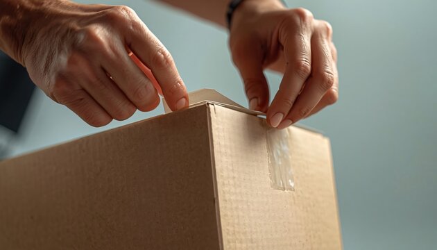 Close Up of Hands Sealing a Cardboard Shipping Box for Ecommerce Order Fulfillment