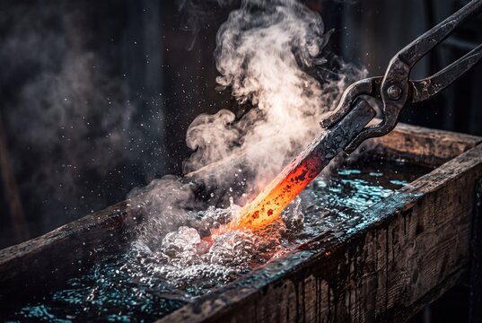 Blacksmith quenching glowing red-hot forged steel blade in water trough with rising steam, illustrating traditional metalworking craftsmanship, blade smithing, or industrial metallurgy hardening.