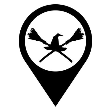 Icono con dibujo sencillo de la silueta de un sombrero de bruja con 2 escobas cruzadas, en puntero de localizaci&oacute;n de color negro, para tarjetas y felicitaciones de Halloween