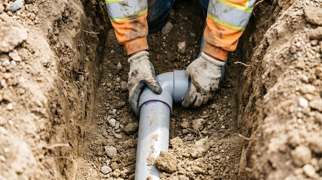A construction worker installing a new plastic drainage pipe inside a deep narrow trench at a building site