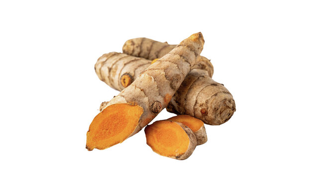 Fresh raw turmeric roots whole and sliced pieces isolated on transparent background