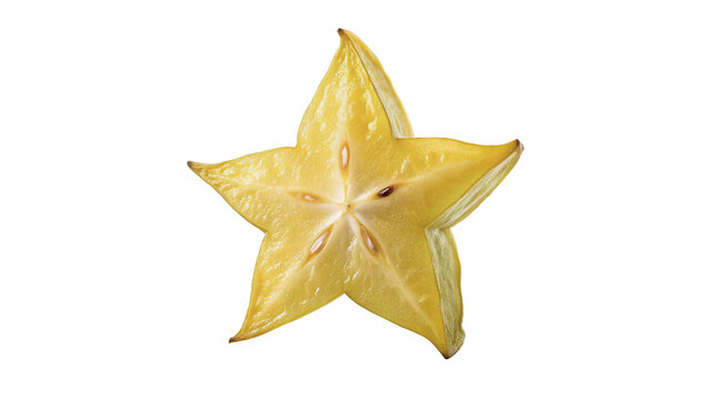 Single cross section slice of yellow carambola star fruit isolated on transparent background