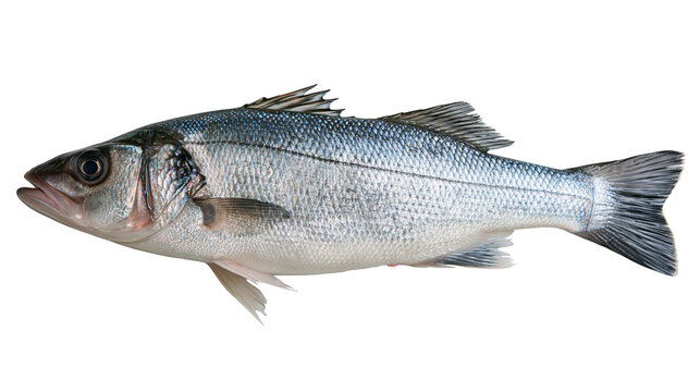Fresh whole European sea bass fish with silver scales and fins