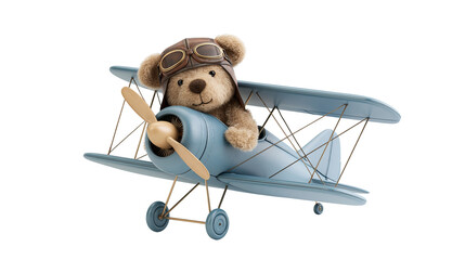 Fluffy teddy bear pilot wearing leather aviator goggles in a vintage blue biplane © Maiken
