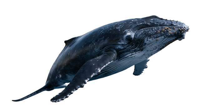 Humpback whale swimming with dark skin and barnacles on head