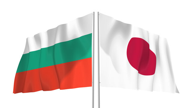 Bulgaria and Japan flags waving with transparent alpha png background
