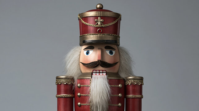 Classic nutcracker soldier figurine in red uniform with gold trim, white hair, and gray beard against plain gray background