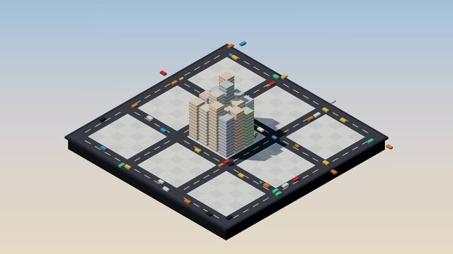 Isometric low poly city with moving traffic