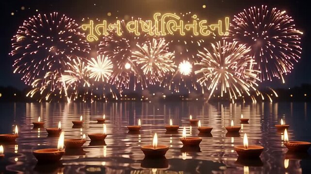 Gujarati New Year Nutan Varshabhinandan Motion Graphic with Floating Diyas on Lake and Fireworks
