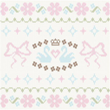 Swan Pair with Crown Bows and Pastel Floral Embroidery