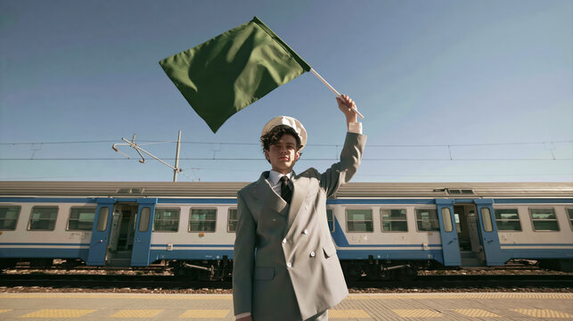 Conductor waving green flag on railway platform, signaling arriving train beneath clear blue sky with confident expression