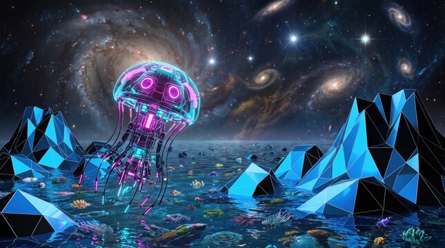 Mechanical jellyfish floating above a glowing alien ocean with cosmic