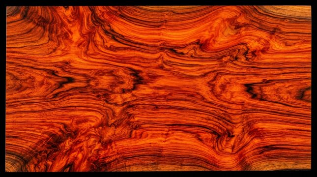 Rich Exotic Cocobolo Wood Texture Background with Intense Grain Patterns and Vibrant Orange and Dark Brown Swirls Overlay