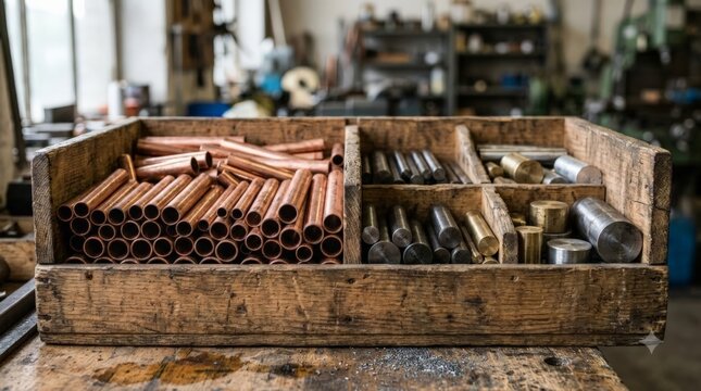A close up view of a wooden sorting box filled with different materials, including copper wire scrap, metal rods, and brass pieces, sitting on a workshop table in a manufacturing facility