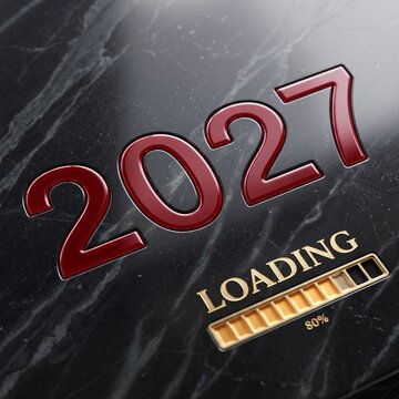 2027 loading progress bar with glossy red numbers on black marble