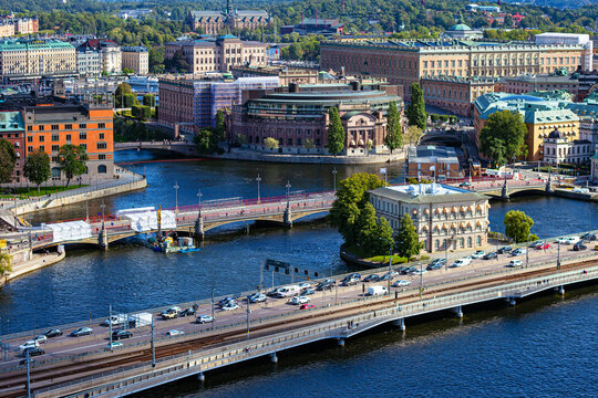 Elevated View of Central Stockholm from City Hall Tower, Featuring Helgeandsholmen, Riksdagshuset, Rosenbad, Norrbro, Str&ouml;msborg, International IDEA Headquarters, Gamla Stan and the Royal Palace Beyon