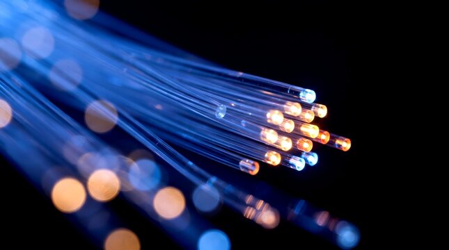 Close up of illuminated fiber optic cables glowing with blue and orange light against a dark background showcasing data transmission and technology concepts with bokeh effects.