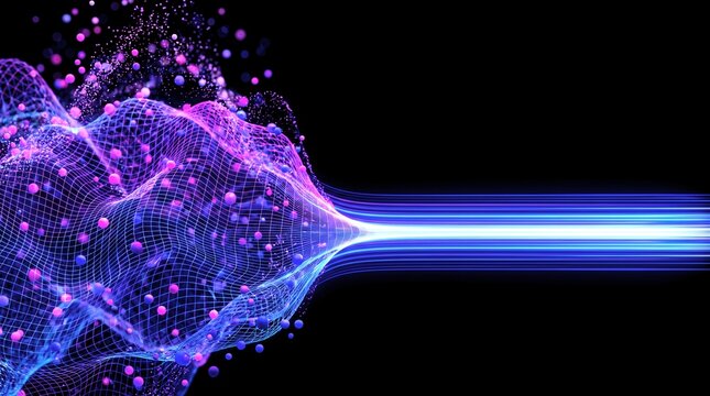 Abstract digital data stream flowing through a glowing neon grid particles and spheres emerging and converging into a bright light beam against a black background futuristic technology concept.