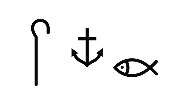 Christian symbols including a shepherd's crook anchor and fish icon