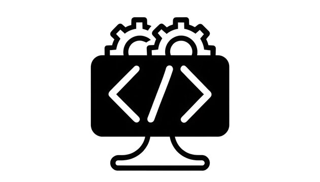 Computer monitor icon with coding symbols and gear wheels illustration