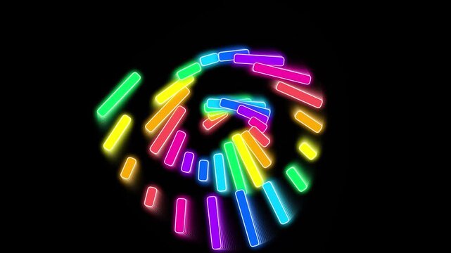 Neon rainbow spiral motion background: glowing colorful rectangles rotating in a hypnotic vortex loop