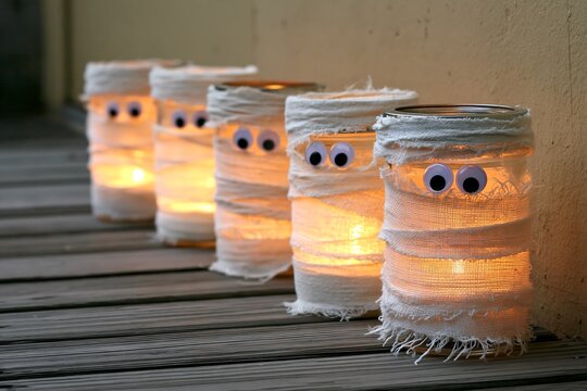 Old white bandages cover glass jars arranged in a spooky row.