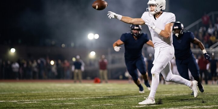 Quarterback throws football during night game with confident precision. Concept of passing, leadership, tactical play.