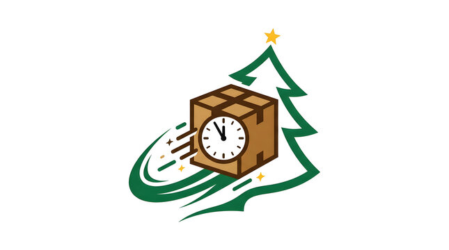 Fast Christmas delivery service vector icon. Express holiday shipping box with clock and pine tree for e-commerce parcel logistics isolated on white background.