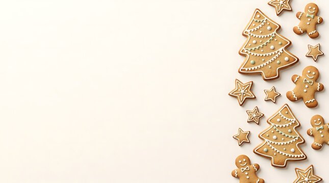 Christmas holiday background featuring a flat lay composition of frosted gingerbread trees, men, and star cookies arranged along the right edge against a neutral cream backdrop