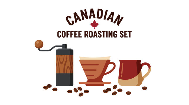 Very beautiful realistic vector product set featuring roasted coffee beans, a hand grinder, pour-over dripper and ceramic coffee mug, Label: "CANADIAN COFFEE ROASTING SET", crisp flat shapes, no gradi