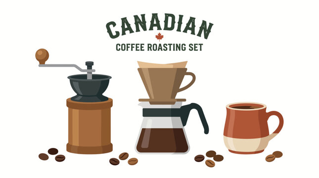 Very beautiful realistic vector product set featuring roasted coffee beans, a hand grinder, pour-over dripper and ceramic coffee mug, Label: "CANADIAN COFFEE ROASTING SET", crisp flat shapes, no gradi