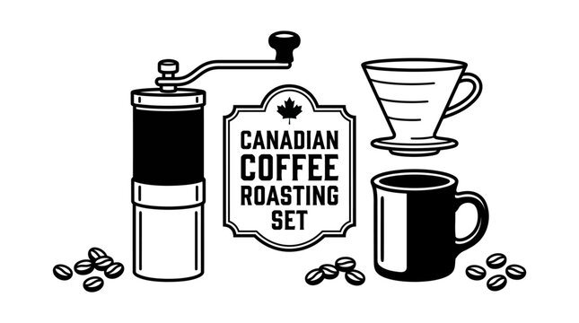 Very beautiful black and white vector product set featuring coffee beans, hand grinder, pour-over dripper and ceramic mug, Label: "CANADIAN COFFEE ROASTING SET", clean linework, no gradients, very few