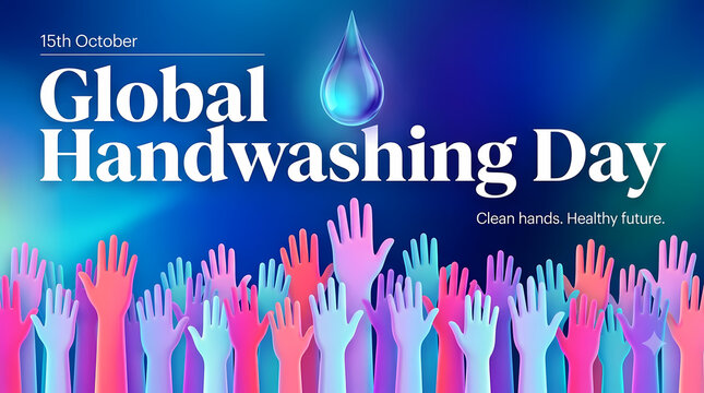 Global Handwashing Day. Colorful Raised Hands with Glowing Water Droplet. Global Hygiene Awareness and Healthy Living. Vibrant Modern Vector Illustration