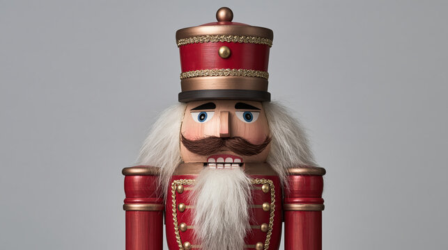 Red nutcracker soldier figurine with gold trim, tall hat, white hair, moustache, and beard against gray background