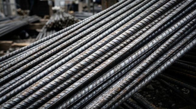 Industrial steel rebar reinforcement bars, heavy duty metal rods for concrete construction, building materials on a construction site