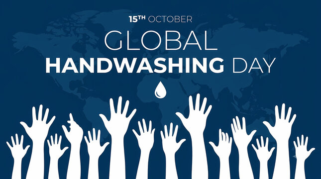 Global Handwashing Day. Diverse Raised Hands with White Water Droplet. Global Hygiene Awareness and Cleanliness Campaign. Minimalist Blue Vector Illustration
