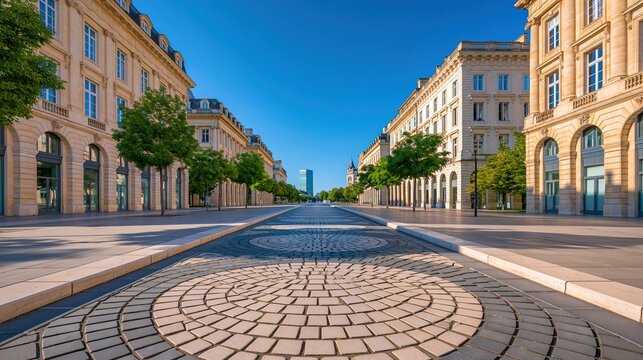 Circular patterned cobblestone roadway leads through a broad empty boulevard lined with classical cream facades and leafy trees under a vivid blue sky Concept of European city design