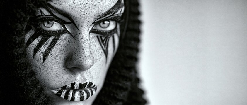 Three quarter portrait of a woman with bold black geometric eye makeup striped lips and textured dark hair against a light background with copy space Theme of halloween fantasy