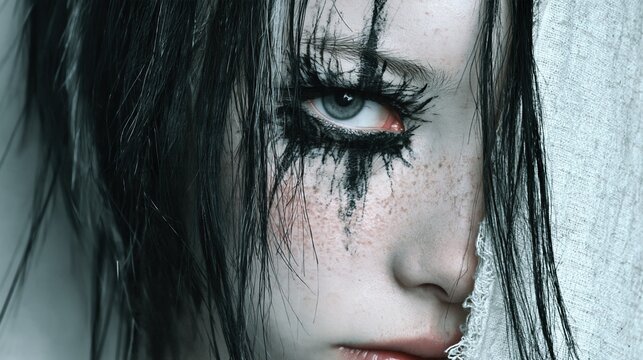 Close up portrait of a woman with long dark hair pale freckled skin and smudged black eye makeup partially veiled by textured white fabric Concept of halloween gothic horror