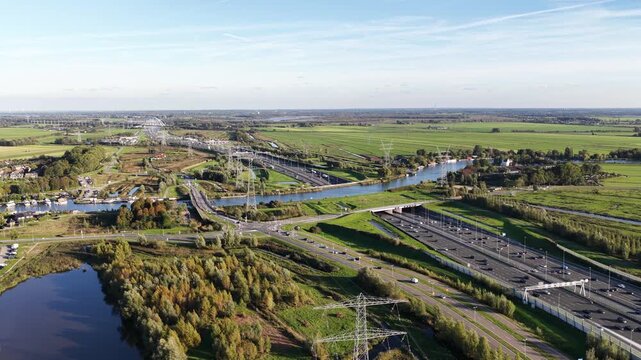 Aerial view of Vechtzicht Aqueduct and A1 motorway near Muiden