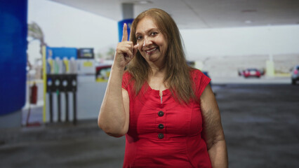Woman points index finger up at a gas pump under canopy in a building, wearing red blouse and smiling, senior hispanic facing camera  assertive warning. © Krakenimages.com
