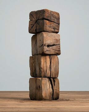 Four rough hewn wooden blocks with cracked grain and dark weathered edges are stacked vertically on a timber tabletop against a plain light gray background Concept of balance
