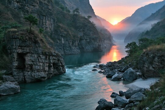 The Chenab River flows through a dramatic rocky mountain gorge with misty slopes and a glowing sunset reflected in winding turquoise water Concept of wilderness and natural beauty
