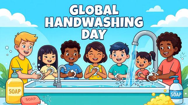 Global Handwashing Day. Diverse Children Washing Hands at School Sink. Hygiene Education and Healthy Habits. Colorful Cartoon Vector Illustration