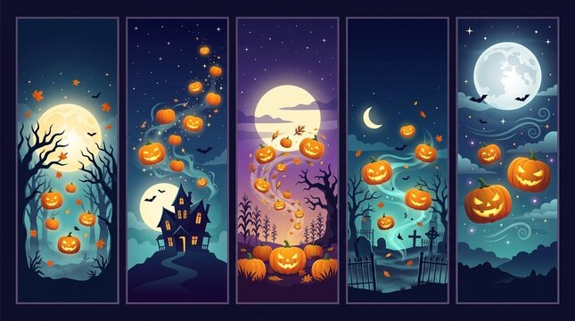 Spooky Halloween vertical banner set, 5 atmospheric night illustrations with glowing jack-o'-lantern pumpkins, haunted house and graveyard scenes.
