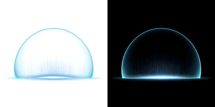 Energy dome with a glowing blue edge and vertical light streaks rising from a bright base for futuristic security designs in PNG, Transparent and Black Background Versions